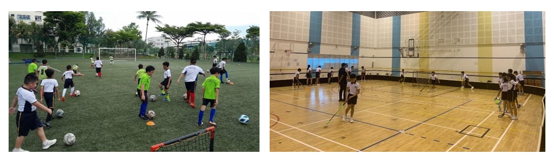 Students participating in football and badminton activities during the E3 Sports@PRPS Learn for Life Programme at Pasir Ris Primary School.